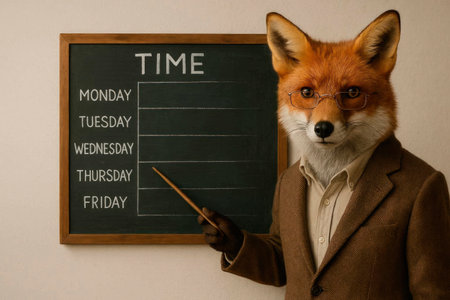Fox teacher at the blackboard with the weekly scheduleの素材