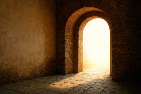 A stone arch with bright light pouring from the opening. Space for textの素材