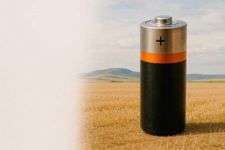 A huge battery against the background of a dry field. Space for textの素材