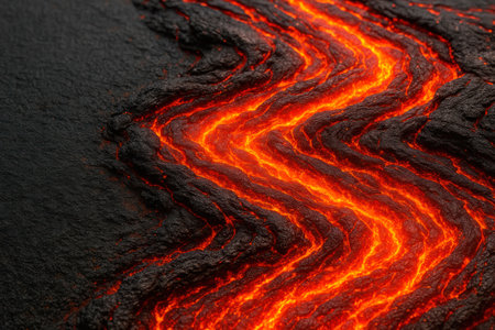 Hot lava flows on a black volcanic surfaceの素材