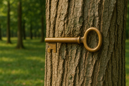 An ancient golden key in a tree in the forestの素材