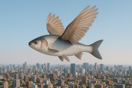 Flying fish with wings over a modern cityの素材