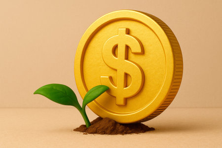 A gold coin with a sprout from the ground. Space for textの素材