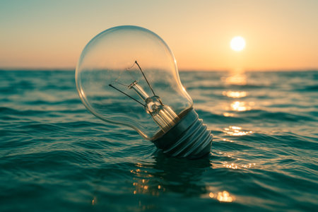 Idea and inspiration, a light bulb on the water at sunsetの素材