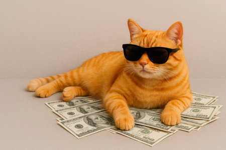 A rich cat in black glasses is lying on dollarsの素材