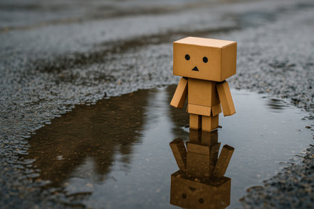 A cardboard robot stands in a puddle with a reflection. Space for textの素材