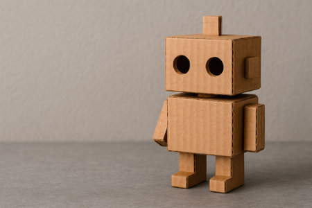 Cardboard robot made of boxes on a gray background. Space for textの素材
