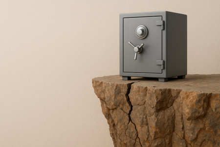The safe stands on the edge of the cliff. Space for textの素材