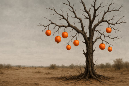 Orange fruits on a dry tree in a desert landscape. Space for textの素材