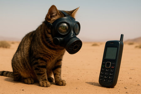 A cat in a gas mask looks at a phone in the desertの素材