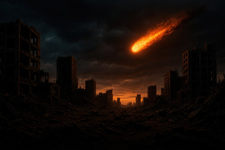A meteor falling on a ruined city at sunsetの素材