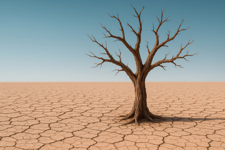 A lonely dry tree stands in a cracked desert. Space for textの素材