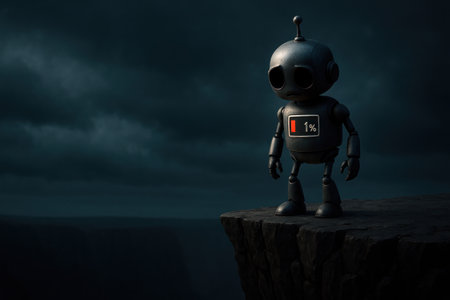 A sad robot with a charge level of 1 percent on the edge of a cliff. Space for textの素材