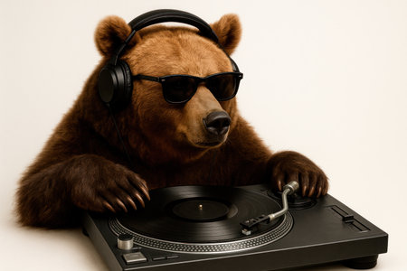 Bear DJ with headphones and remote controlの素材