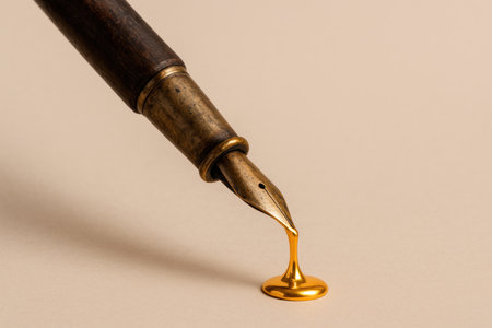 An antique fountain pen drips with gold ink. Space for textの素材
