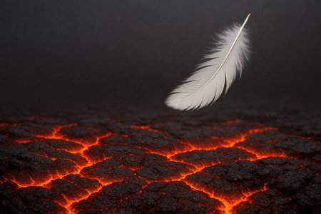 A white feather over a cracked lava. Space for textの素材