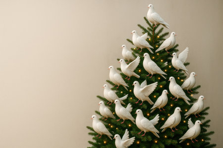 A Christmas tree decorated with white doves. Space for textの素材