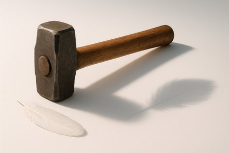 A hammer next to a feather and a feather shadowの素材