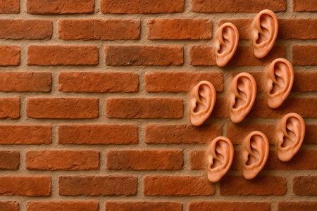 Ears in a brick wall are a symbol of eavesdropping and control. Space for textの素材