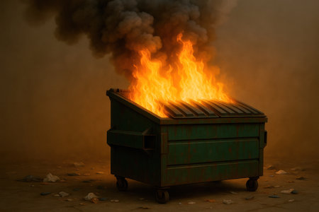 Burning garbage container on a dark backgroundの素材
