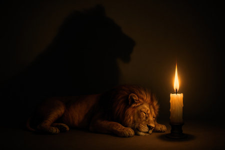 A lion sleeps next to a candle and his shadowの素材