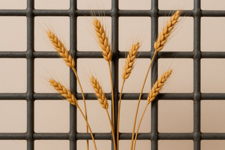 Ears of wheat behind a metal grate, food restriction. Space for textの素材