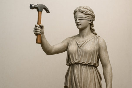 Themis with a hammer instead of a sword, an alarming symbol of the law. Space for textの素材