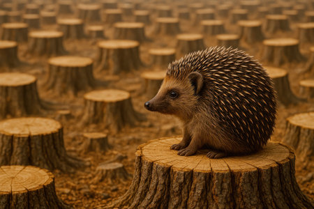 A hedgehog on a stump in the middle of a felled forest. Space for textの素材