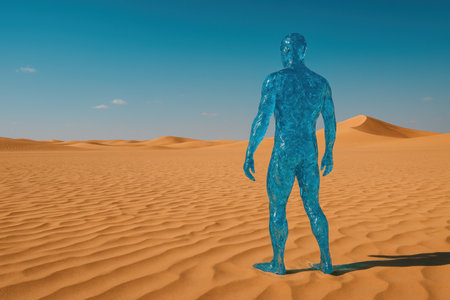 A blue man in the desert from the back. Space for textの素材