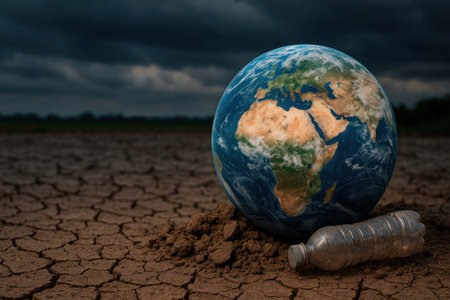 A globe and a plastic bottle on the cracked ground, the climate crisis. Space for textの素材