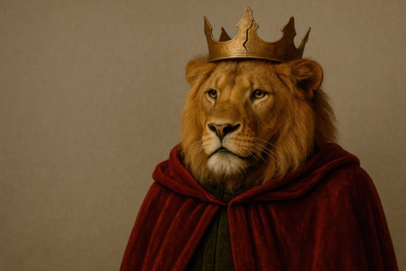 A lion wearing a crown and a red robe, depicted as a king. Space for textの素材