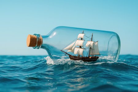 A miniature sailboat inside a bottle floating on the seaの素材