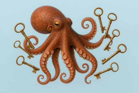 Octopus with antique keys on a blue backgroundの素材