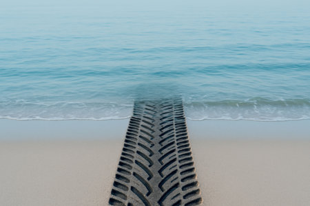 The tire trail goes into the ocean. Space for textの素材
