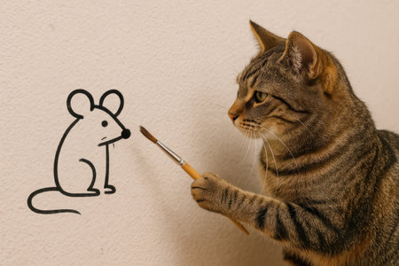 A cat draws a mouse on the wall with a brushの素材