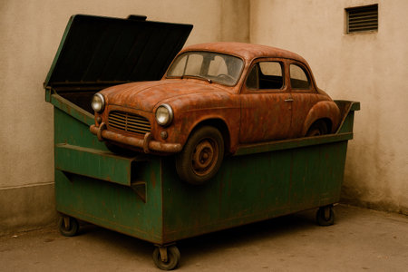 A rusty car inside a dumpsterの素材