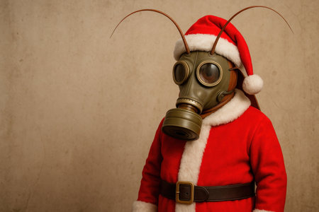 Santa cockroach with a gas mask, a post-apocalyptic holiday. Space for textの素材