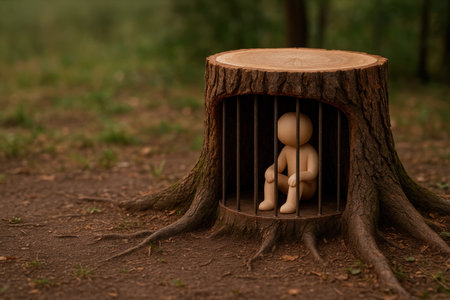 Figure in a cage from the stump of a tree in the forest. Space for textの素材