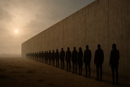 Wall of loneliness: silhouettes of people against a concrete wall. Space for textの素材
