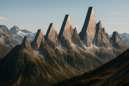 Surreal mountains in the shape of pyramids against the skyの素材