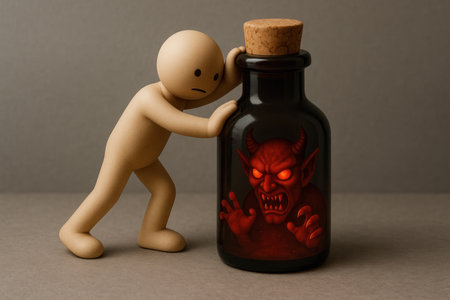 A bottle with a demon inside and a figure holding a cork. Space for textの素材