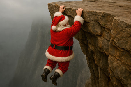 Santa Claus hangs on the edge of a cliff in the fog. Space for textの素材