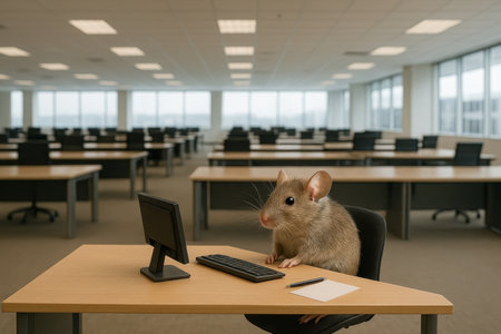 Mouse at office desk with computerの素材