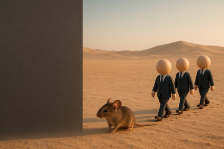 People in costumes follow a mouse in the desert. Space for textの素材