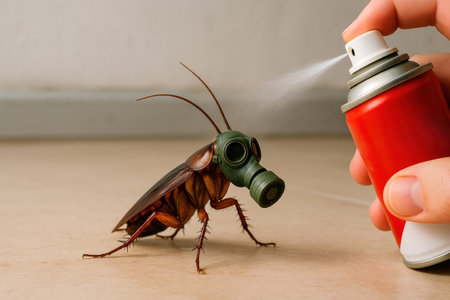 Cockroach in a gas mask under a stream of insecticide. Space for textの素材