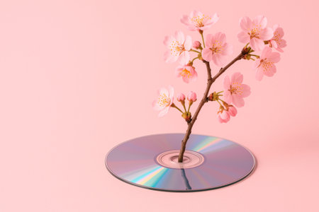 Cherry blossoms growing from the center of the CD. Space for textの素材