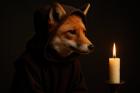A fox in a dark robe sits by a candle like a monk. Space for textの素材