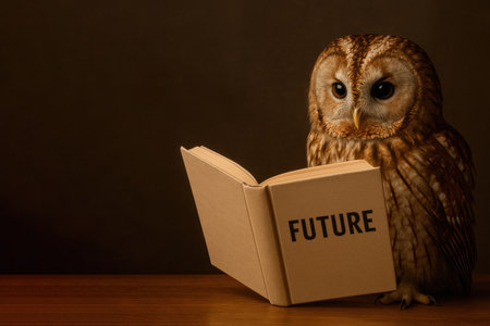 An owl is reading the book The Future. Space for textの素材