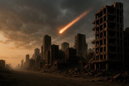 A post-apocalyptic city with a meteor in the skyの素材