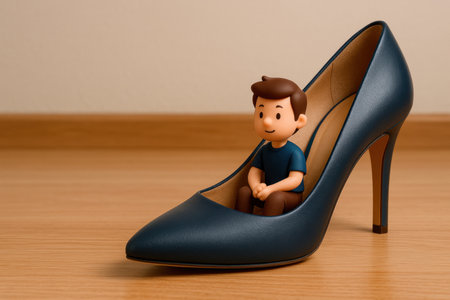 Figure of a man inside a heeled shoe. Space for textの素材